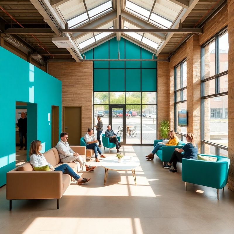 Interior of Melbournehub's Northbourne Avenue facility with teal accents and moveable furniture