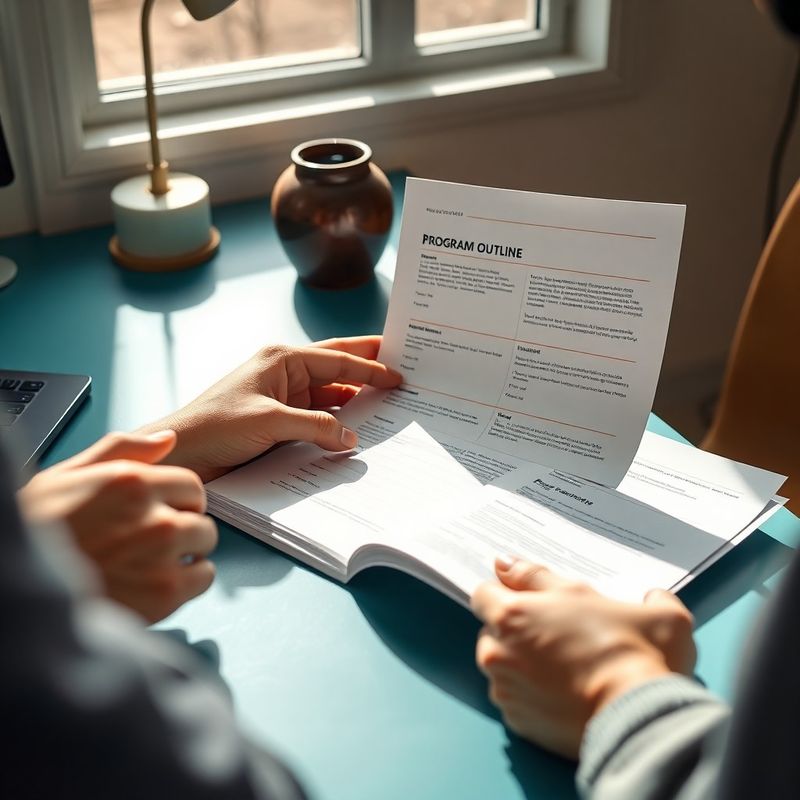 Hands reviewing a Melbournehub program outline document on a teal-modern desk