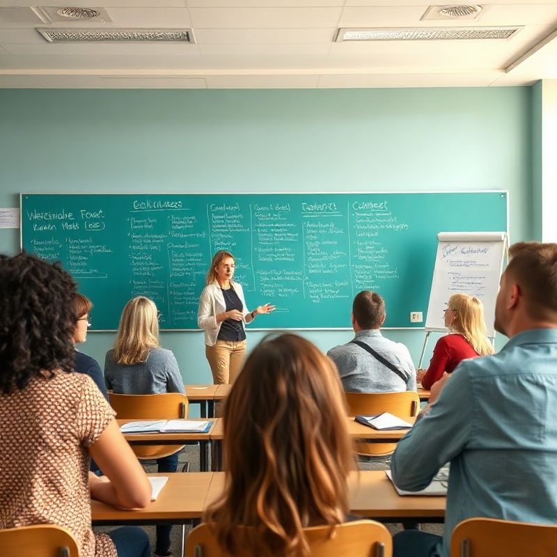 Facilitator presenting to a small adult cohort in a bright teal-modern classroom at Melbournehub